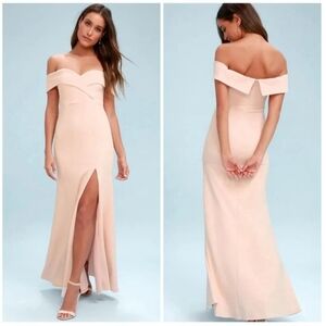 New Lulus Song of Love light petal pink long formal off the shoulder maxi gown.